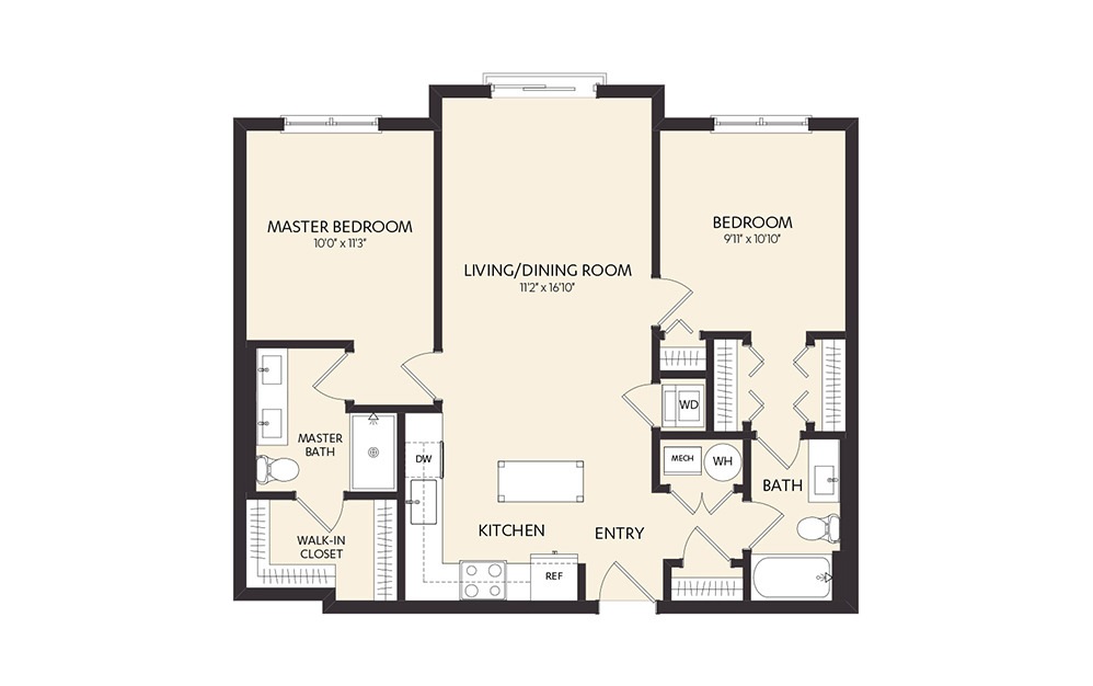 C3F - 2 bedroom floorplan layout with 2 baths and 1170 square feet.