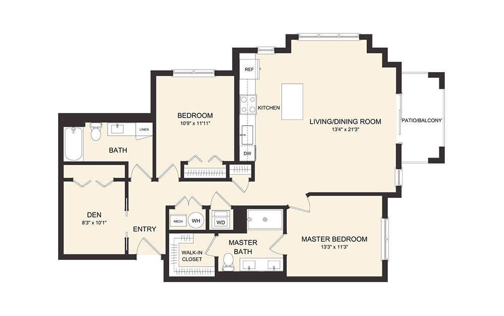 C8D - 2 bedroom floorplan layout with 2 baths and 1305 square feet.