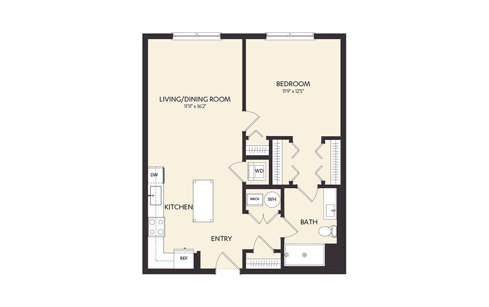 B2A - 1 bedroom floorplan layout with 1 bath and 752 square feet. (2D)