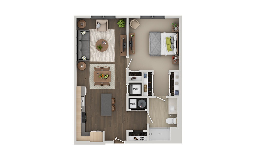 B2A - 1 bedroom floorplan layout with 1 bathroom and 752 square feet (3D)