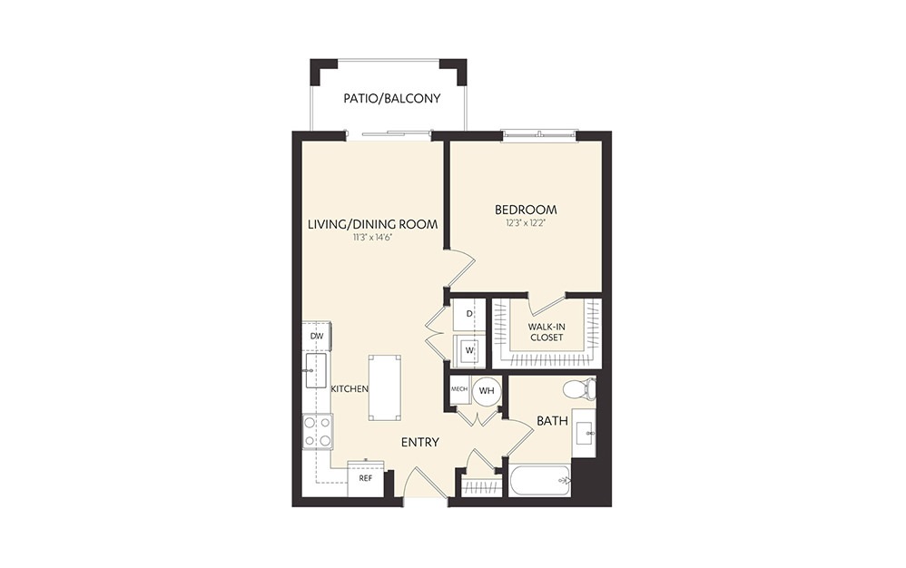 B2B - 1 bedroom floorplan layout with 1 bath and 752 square feet. (2D)