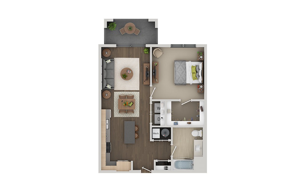 B2B - 1 bedroom floorplan layout with 1 bathroom and 752 square feet (3D)