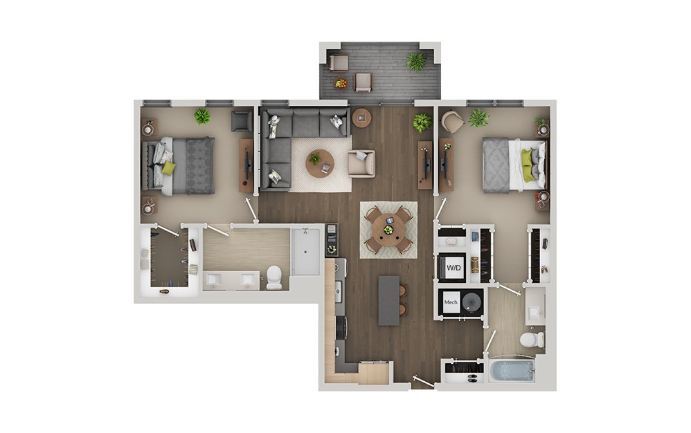 C2 - 2 bedroom floorplan layout with 2 bathrooms and 1136 square feet (3D)