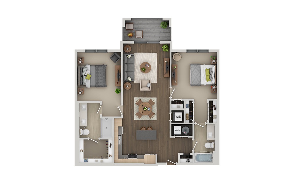 C3B - 2 bedroom floorplan layout with 2 bathrooms and 1141 square feet (3D)