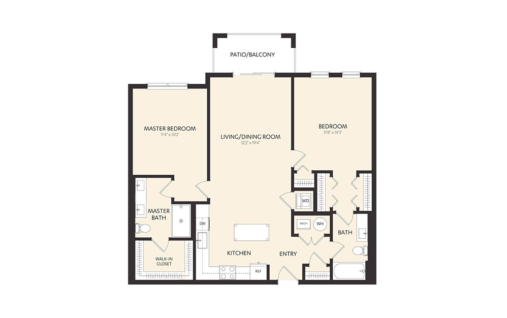 C3E - 2 bedroom floorplan layout with 2 baths and 1162 square feet.