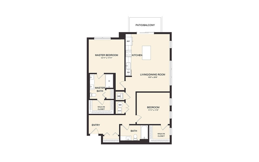 C5A - 2 bedroom floorplan layout with 2 baths and 1166 square feet. (2D)