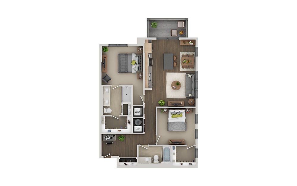 C5A - 2 bedroom floorplan layout with 2 bathrooms and 1166 square feet (3D)