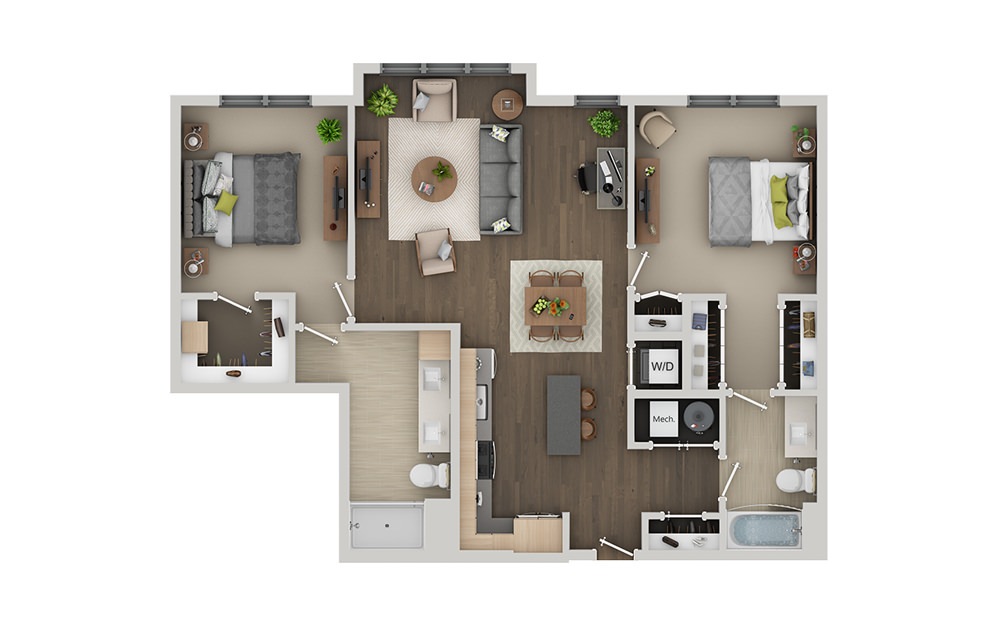 C6 - 2 bedroom floorplan layout with 2 bathrooms and 1177 square feet (3D)