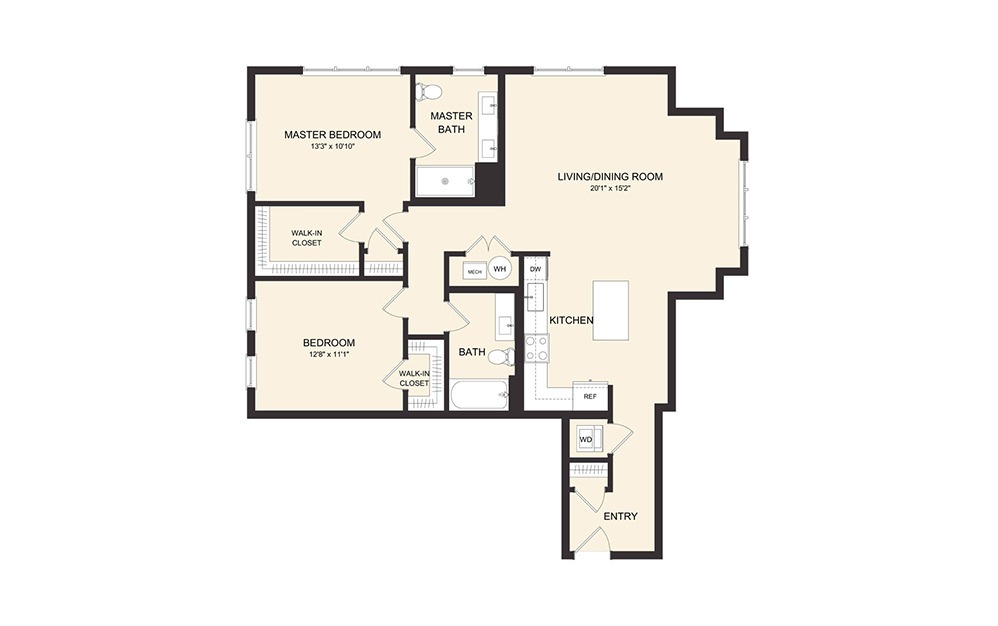 C7A - 2 bedroom floorplan layout with 2 baths and 1245 square feet. (2D)