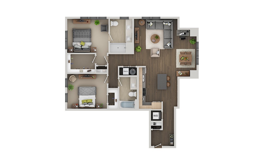 C7A - 2 bedroom floorplan layout with 2 bathrooms and 1245 square feet (3D)