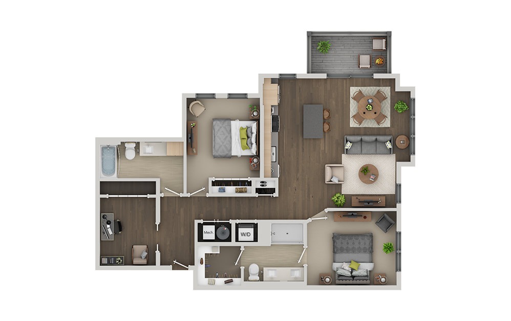 C8B - 2 bedroom floorplan layout with 2 bathrooms and 1268 square feet (3D)