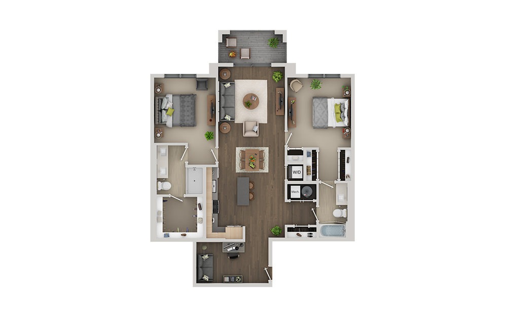 C9 - 2 bedroom floorplan layout with 2 bathrooms and 1281 square feet (3D)