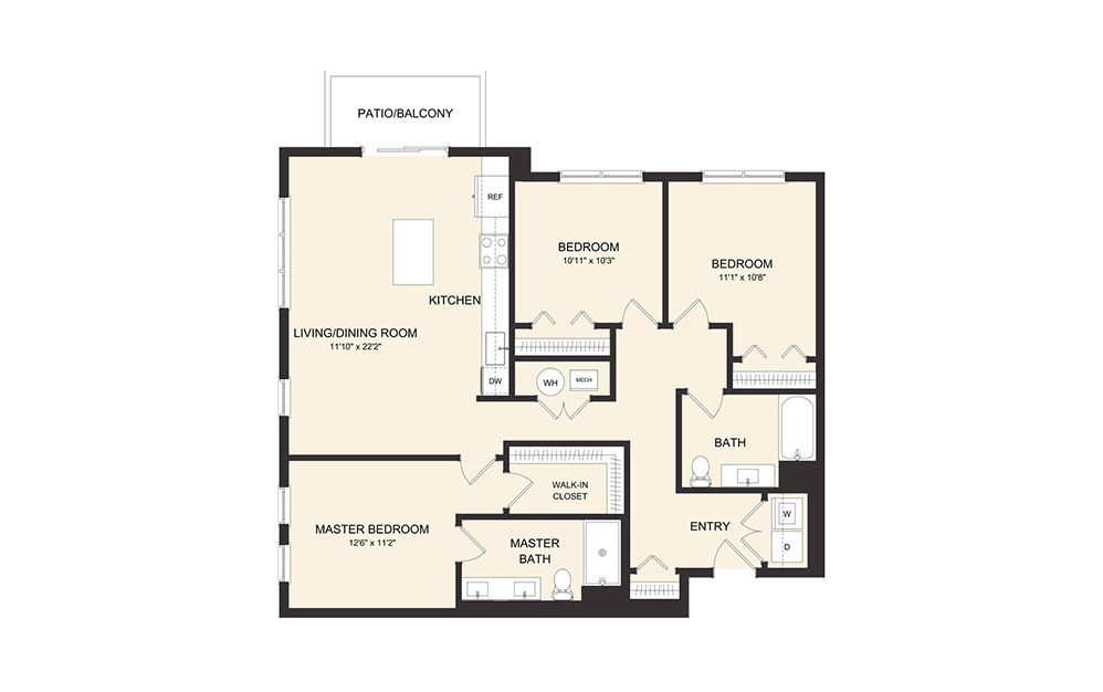D1A - 3 bedroom floorplan layout with 2 baths and 1341 square feet.