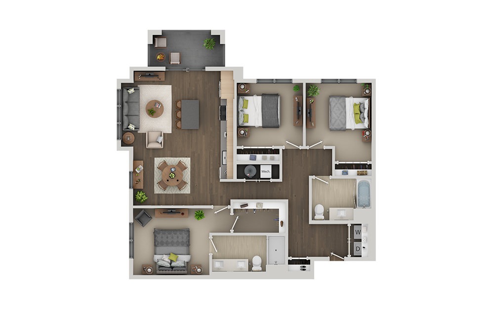 D1AH - 3 bedroom floorplan layout with 2 bathrooms and 1364 square feet (3D)