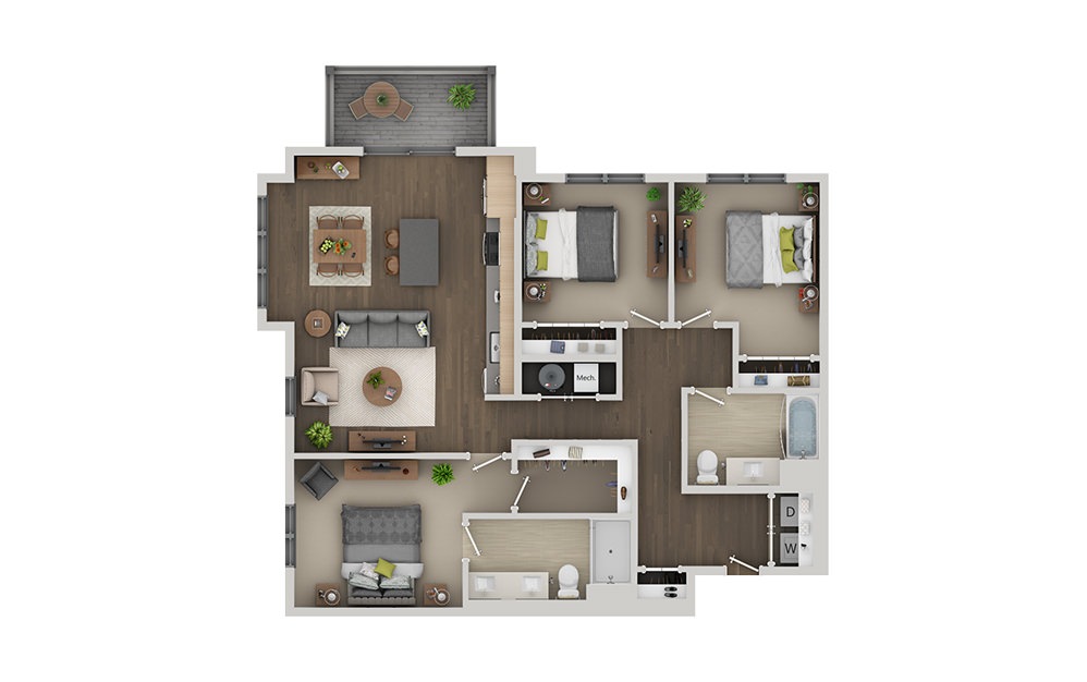 D1BH - 3 bedroom floorplan layout with 2 bathrooms and 1364 square feet (3D)