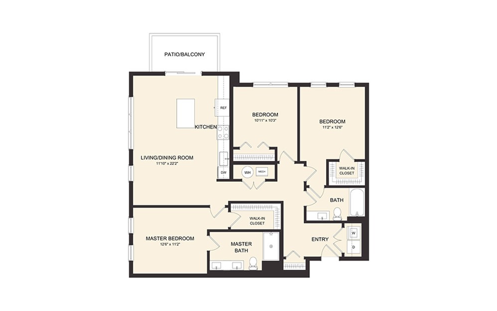 D2A - 3 bedroom floorplan layout with 2 baths and 1341 square feet.