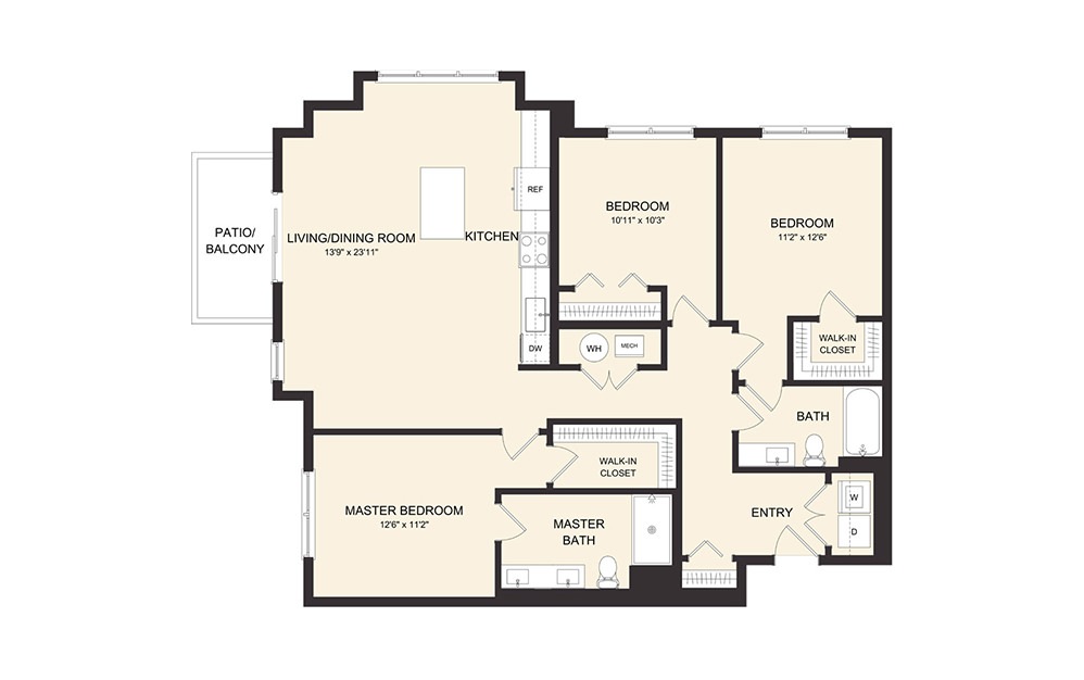 D2D - 3 bedroom floorplan layout with 2 baths and 1402 square feet.