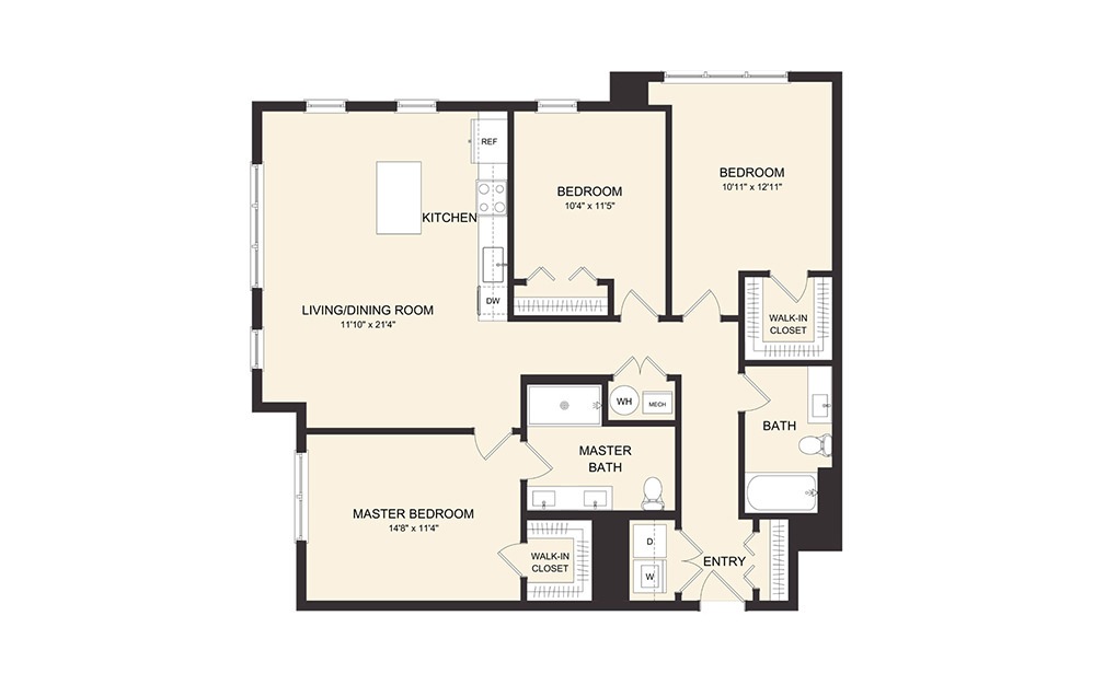 D3A - 3 bedroom floorplan layout with 2 baths and 1358 square feet. (2D)