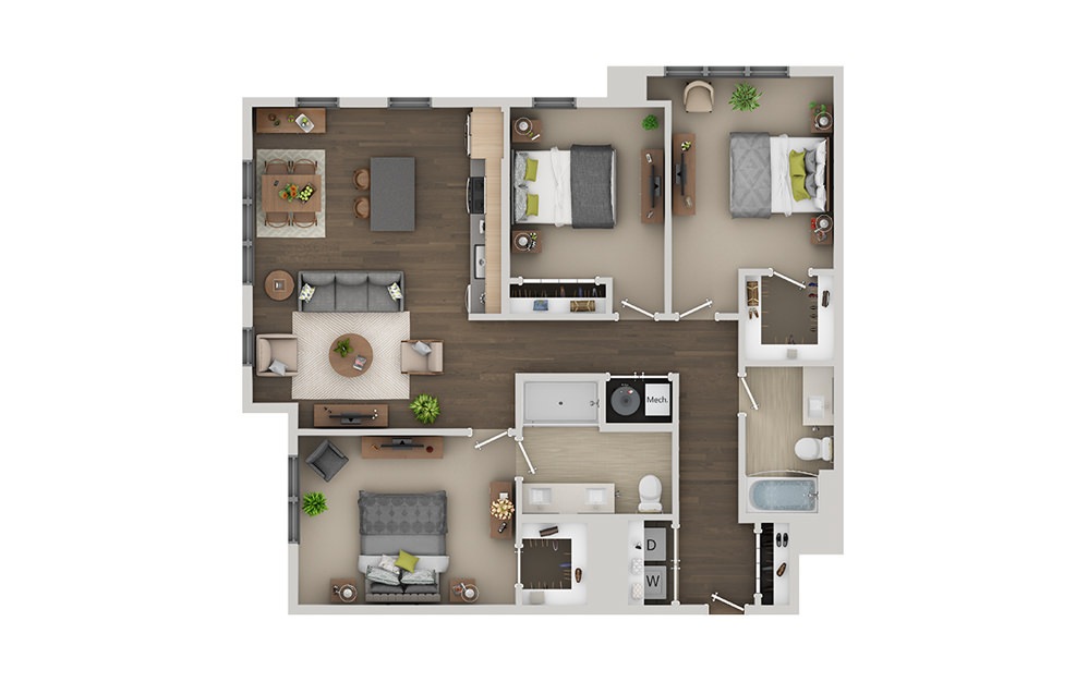 D3A - 3 bedroom floorplan layout with 2 bathrooms and 1358 square feet (3D)