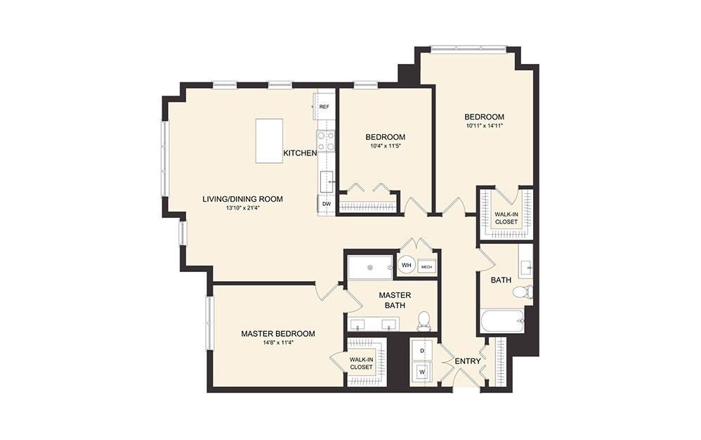 D3B - 3 bedroom floorplan layout with 2 baths and 1408 square feet.
