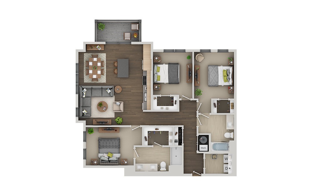 D4A - 3 bedroom floorplan layout with 2 bathrooms and 1441 square feet (3D)