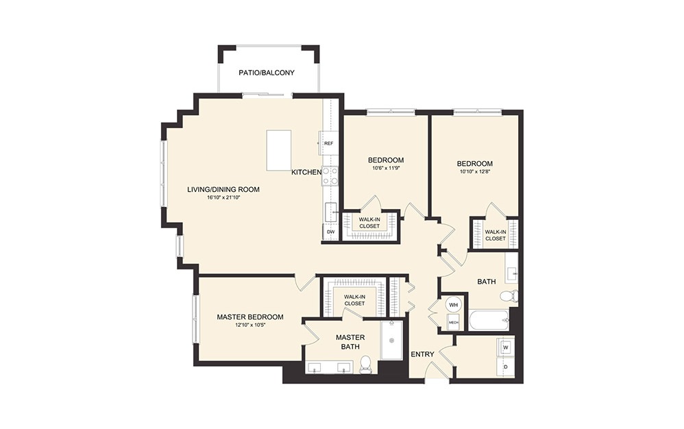 D4B - 3 bedroom floorplan layout with 2 baths and 1465 square feet.